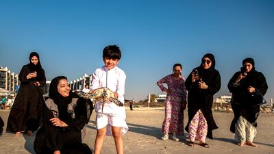 Turtles are released by the Environmental Agency Abu Dhabi, with the help of Yas Research Centre, the National Aquarium Abu Dhabi and volunteers, at Jumeirah Hotel on Saadiyat Island. Victor Besa / The National