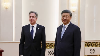 US Secretary of State Antony Blinken meets Chinese President Xi Jinping in the Great Hall of the People in Beijing. AP