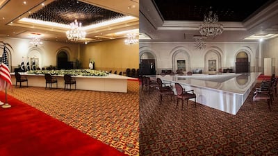 The room set up for a trilateral announcement that never happened, left, was returned to normal by late on Sunday. The National