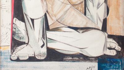 Kadhim Hayder. He Told Us How It Happened, 1957. Oil canvas, 96 x 65 cm Image courtesy of Barjeel Art Foundation, Sharjah.