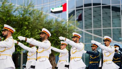 The UAE Armed Forces' honour guard participates in a welcome ceremony for King Hamad