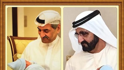 Sheikh Mohammed bin Rashid, Vice President and Ruler of Dubai, and Sheikh Hamad bin Mohammed Al Sharqi, Ruler of Fujairah, with the Royal baby. Courtesy: Sheikha Latifa bint Mohammed’s Instagram