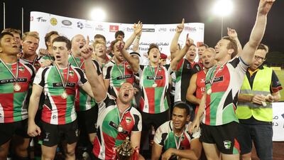 Abu Dhabi Harlequins beat Jebel Ali Dragons to win the UAE Premiership, their fifth trophy of the season in 2017. Victor Besa / The National