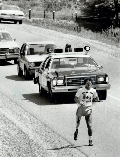Terry Fox on his Marathon of Hope in 1981. Boris Spremo / Toronto Star via Getty