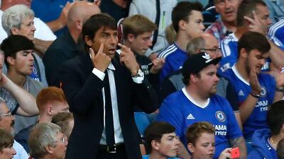 Chelsea manager Antonio Conte gestures on the touchline during the Premier League football match between Chelsea and West Ham United at Stamford Bridge in London on August 15, 2016. Ian Kington / AFP