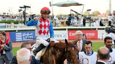 UAE Derby: Plus Que Parfait, ridden by Jose Ortiz, came up trumps in the fifth race of the day. Chris Whiteoak / The National