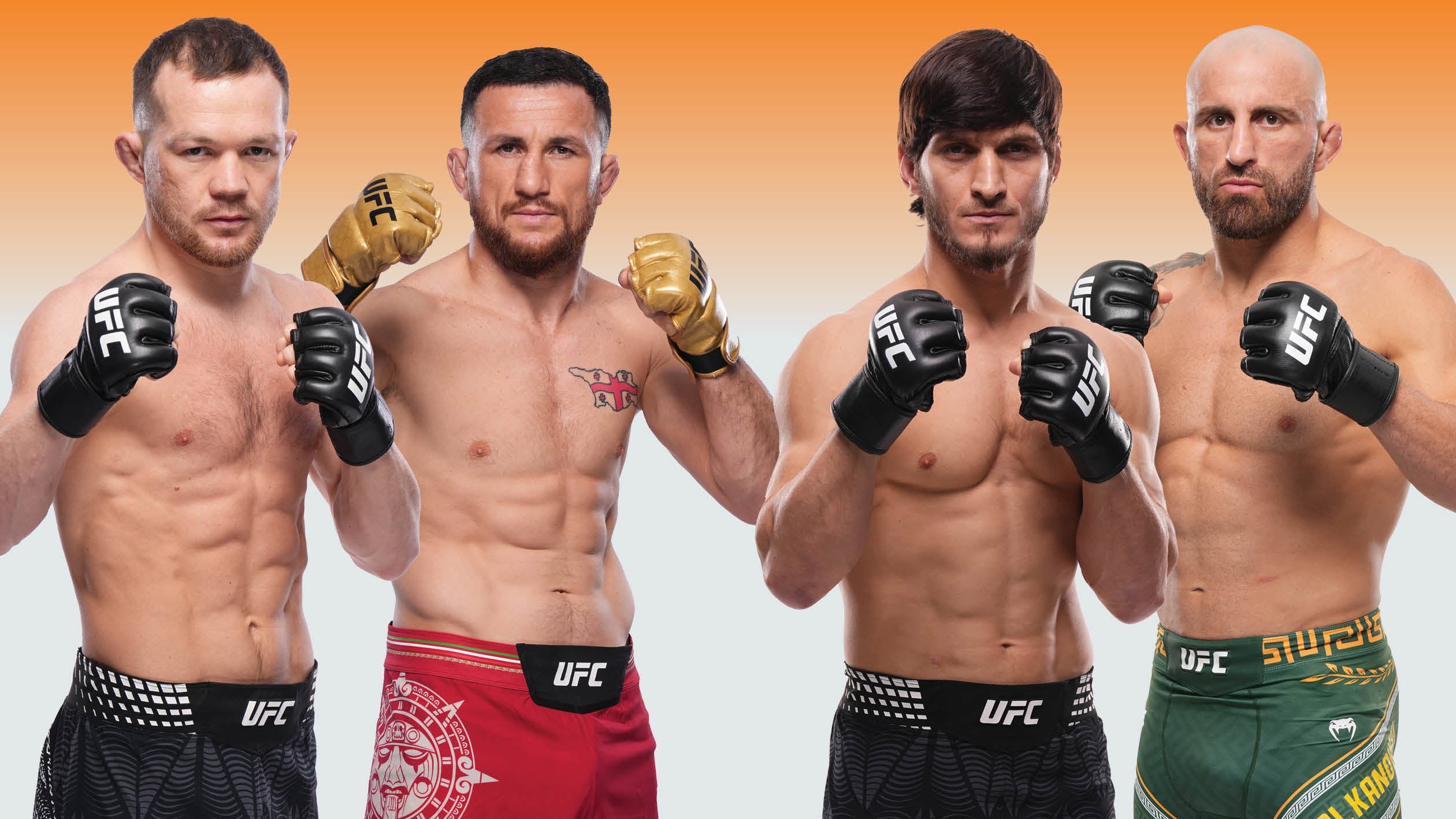 Petr Yan, far left, defends his UFC bantamweight title against Merab Dvalishvili, while in the main event, Movsar Evloev attempts to dethrone featherweight champion Alexander Volkanovski, far right. Photo: The National