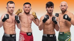 Petr Yan, far left, defends his UFC bantamweight title against Merab Dvalishvili, while in the main event, Movsar Evloev attempts to dethrone featherweight champion Alexander Volkanovski, far right. Photo: The National