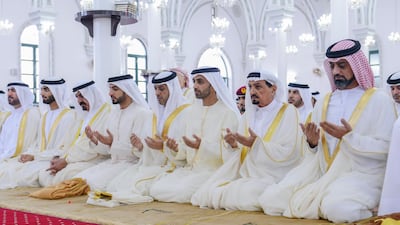 HH Sheikh Humaid bin Rashid Al Nuaimi, Supreme Council Member and Ruler of Ajman; and HH Sheikh Ammar bin Humaid Al Nuaimi, Crown Prince of Ajman, offered Eid al-Fitr prayer at the Sheikh Rashid bin Humaid Al Nuaimi Mosque in Ajman. Wam