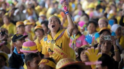 Anti-government protesters shout slogans during a protest at the prime minister's temporary offices in the old Don Mueang international airport in Bangkok on Nov 25 2008.