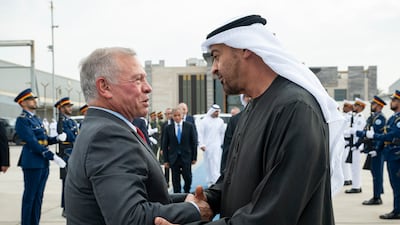 Sheikh Mohamed bids farewell to King Abdullah II after the meeting in Abu Dhabi. Abdulla Al Neyadi / UAE Presidential Court