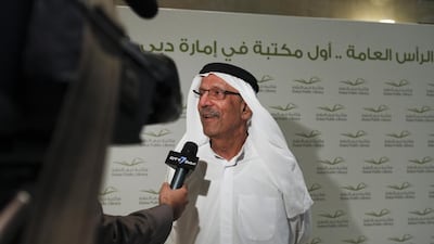 Abdul Ghafar Hussein, chairman of the UAE Humanitarian Society, speaks after the Golden Jubilee Ceremony of Al Ras library in Al Mamzar yesterday. Mr Hussein commissioned the library. Razan Alzayani / The National