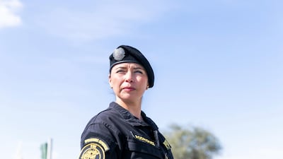Inspector Paula Rodrigues, 33, from the Metropolitan Tactical Reaction Brigade in Chile, was the sole woman among hundreds of international swat teams in Dubai this week. Reem Mohammed / The National