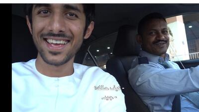 Emirati social media influence Bin Baz surprising an Abu Dhabi taxi driver with a free Etihad Airways ticket.