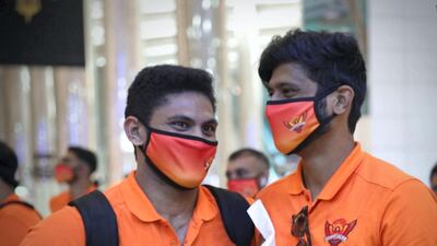 Sunrisers Hyderabad's Basil Thampi, left, and Khaleel Ahmed after arriving in Dubai on Sunday. Courtesy Sunrisers Hyderabad twitter / @SunRisers