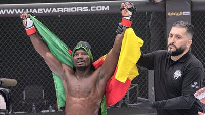 Jaures Dea celebrates his win in the featherweight 66kg. Courtesy UAE Warriors