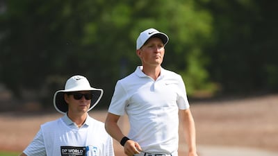 DUBAI, UNITED ARAB EMIRATES - NOVEMBER 16: Marcus Kinhult of Sweden jumps on the 1st hole fairway during day two of the DP World Tour Championship at Jumeirah Golf Estates on November 16, 2018 in Dubai, United Arab Emirates. (Photo by Ross Kinnaird/Getty Images)