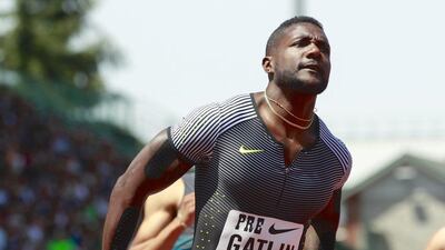 Justin Gatlin crosses the line first in the 100m sprint at the Diamond League Prefontaine Classic in Eugene, Oregon. Steve Dipaola / EPA