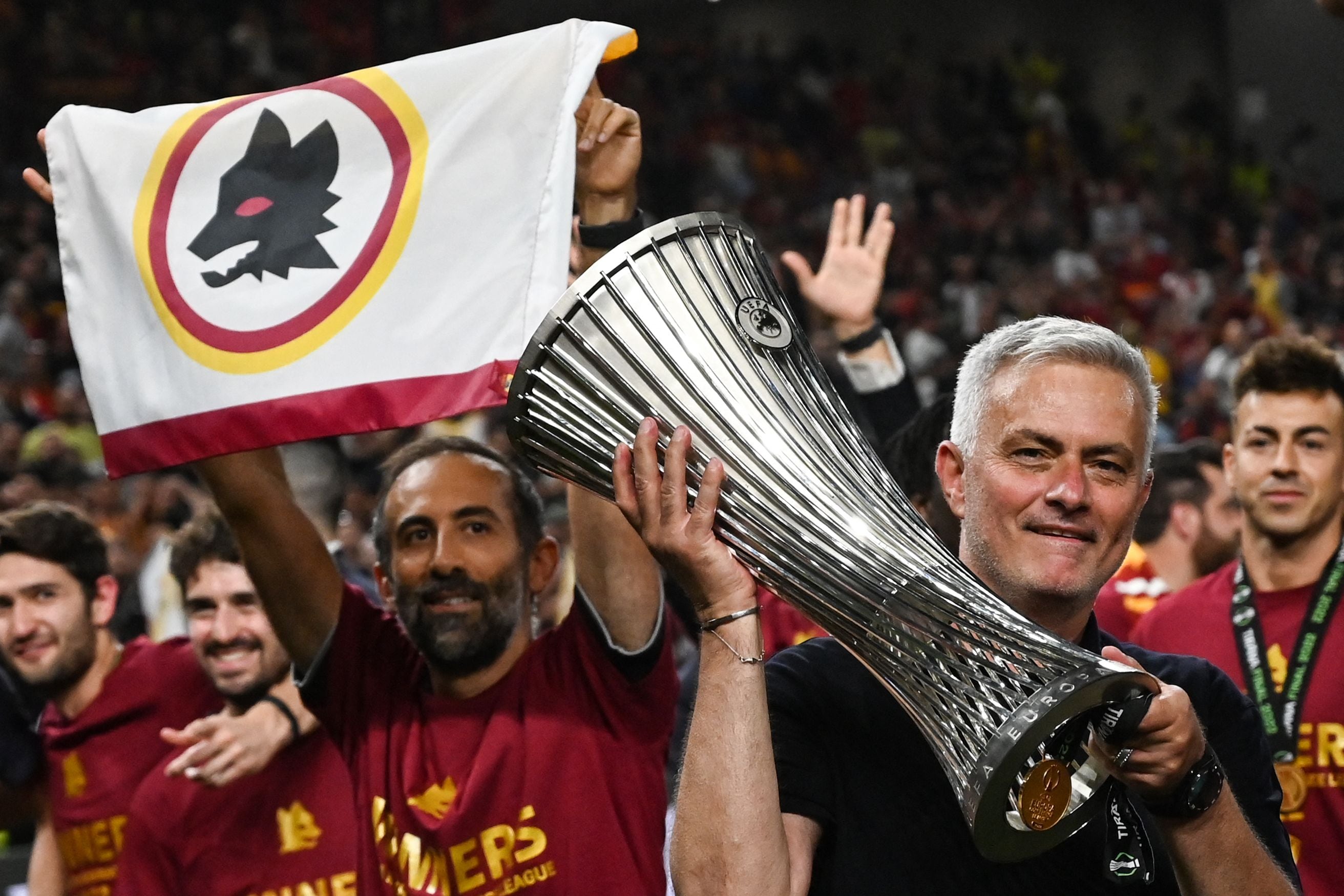 Jose Mourinho celebrates after his Roma side beat Feyenoord to win the Uefa Europa Conference League final in 2022. AFP