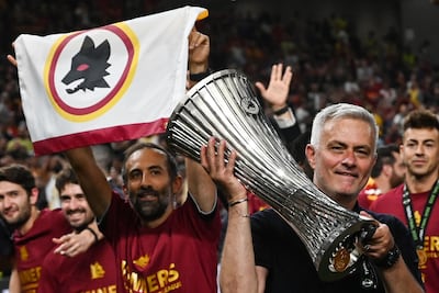 Jose Mourinho celebrates after his Roma side beat Feyenoord to win the Uefa Europa Conference League final in 2022. AFP
