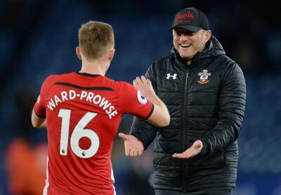 Southampton manager Ralph Hasenhuttl with James Ward-Prowse after the win over Leicester City. Reuters