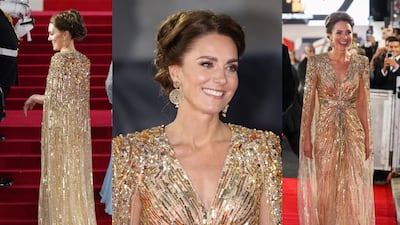 The Duchess of Cambridge's gold Jenny Packham dress stole the show at the 'No Time to Die' world premiere. AFP