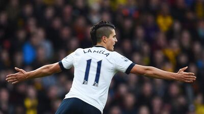 WATFORD, ENGLAND - DECEMBER 28: Erik Lamela of Tottenham Hotspur scores his team's first goal during the Barclays Premier League match between Watford and Tottenham Hotspur at Vicarage Road on December 28, 2015 in Watford, England. (Photo by Laurence Griffiths/Getty Images)