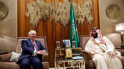 US Secretary of State Rex Tillerson meets with Saudi Crown Prince Mohammed bin Salman at Al-Awja farm in the capital Riyadh on October 22, 2017. Alex Brandon / AFP PHOTO /