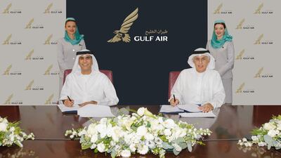 Sheikh Salem bin Sultan, chairman of Ras Al Khaimah International Airport, and Zayed Alzayani, chairman of Gulf Air's board, sign the agreement that will expand air travel options for Northern Emirates. Photo: Gulf Air