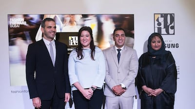 From left to right, Abdo Chlala, regional head of IT and mobile division at Samsung MENA; Nez Gebreel, chief executive of Dubai Design and Fashion Council; Ramzi Nakad, chief operating officer and co-founder of Fashion Forward Dubai; and Maitha Al Suwaidi, director of Partner Relations at Dubai Design District. Courtesy Fashion Forward Dubai