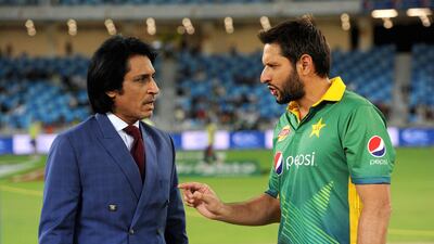 Rameez Raja (Pakistan), left, was a successful opening batsman and captain who was a part of the 1992 World Cup-winning side. He played 57 Tests and 198 ODIs for Pakistan from 1984 to 1997. Gareth Copley / Getty Images