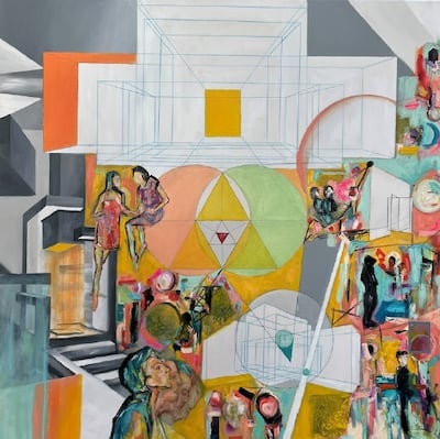 Bahraini artist Fatima Al Haddad's work combines geometric forms and human figures to examine emotions. Photo: Maha Al Mansoori Art Gallery