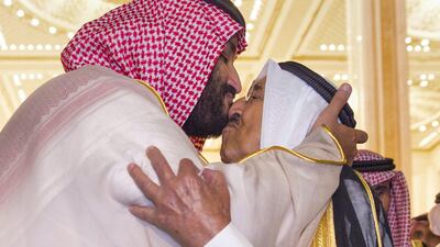 Sheikh Sabah Al Ahmad Al Sabah greets Saudi Crown Prince Mohammed Bin Salman in Kuwait September 30, 2018. Saudi Royal Court via Reuters