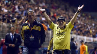 Maradona celebrates after his team's Edson Rivera scores on 75 minutes. It is worth mentioning that Maradona will have to watch the second leg, scheduled for Sunday, from the stands after he was sent off for celebrating in front of the opposition manager. AFP
