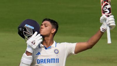 India's Yashasvi Jaiswal celebrates his century. AP