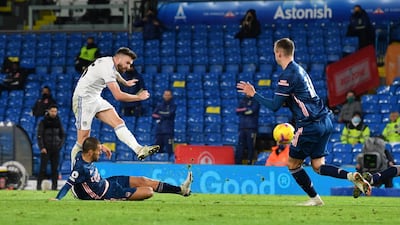 Leeds United's Stuart Dallas takes a shot during the match against Arsenal. Reuters