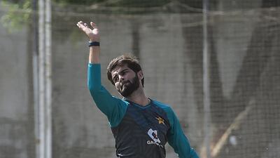 Pakistan pacer Shaheen Afridi bowls during training. AFP