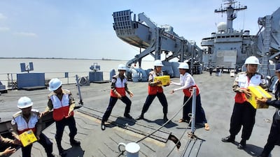 Aid donated by India to its earthquake-hit neighbour Myanmar upon its arrival at the Thilawa Port along the Yangon river. AFP