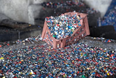 Shredded plastic at a plastic recycling plant in the Mussaffah area, Abu Dhabi. Victor Besa / The National
