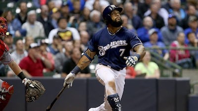 Eric Thames of the Milwaukee Brewers hits a home run in the sixth inning against the Cincinnati Reds. Dylan Buell / Getty Images