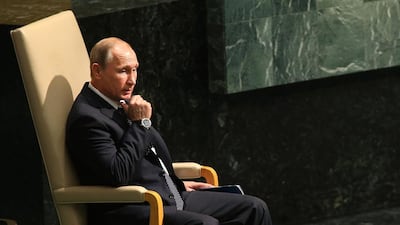 Russian president Vladimir Putin sits before speaking at the United Nations General Assembly at UN headquarters on September 28, 2015 in New York City as he explains Moscow's military build-up in Syria. Spencer Platt/Getty Images/AFP