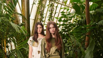 Shatha Essa offers sheath dresses in shades of cream and moss green