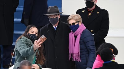 Elizabeth Warren, Democratic Senator from Massachusetts, her husband and Meena Harris, the niece of Vice President Kamala Harris, are seen before the inauguration of Joe Biden. EPA