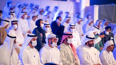 Sheikh Zayed bin Suroor, Sheikh Mohamed bin Saif and Sheikh Abdullah bin Mohamed at the Commemoration Day ceremony at Wahat Al Karama. Photo: Mohamed Al Hammadi / Ministry of Presidential Affairs