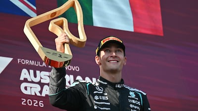 Mercedes driver George Russell celebrates after winning the Austrian Grand Prix at the Red Bull Ring race track in Spielberg. AFP