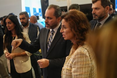 Syria’s Tourism Minister Mazen Al Salhani and Lebanon’s Tourism Minister Laura Khazen Lahoud tour the Syria Travel Show in Damascus. Photo: Ahmad Fallaha / The National