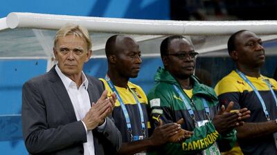 Cameroon's coach Volker Finke, left, during the Fifa World Cup 2014 group A preliminary round match between Cameroon and Croatia at the Arena Amazonia in Manaus, Brazil, 18 June 2014. EPA/MAST IRHAM