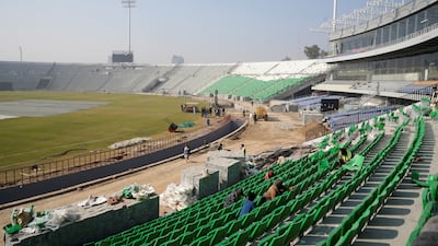 Seats are being installed at the Qaddafi Stadium in Lahore. Reuters