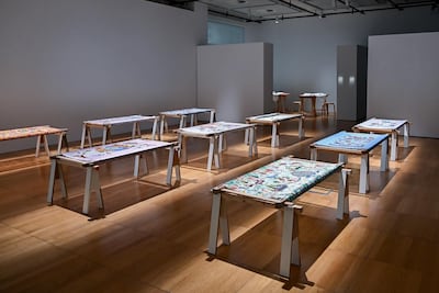 The embroidered panels of Crystal No 6 are displayed within the NYU Abu Dhabi Art Gallery. Photo: Mobius Design Studio