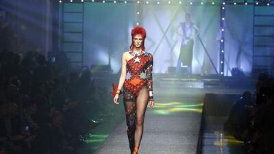 The influence of music artists such as David Bowie were obvious in Jean Paul Gaultier's collection. Pierre Verdy / AFP
